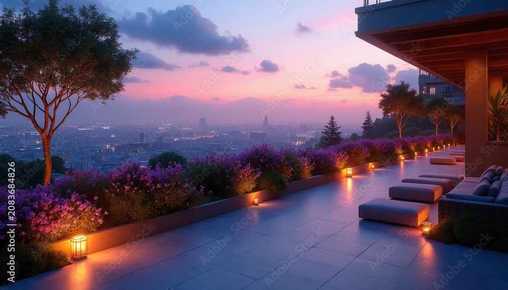 Fototapeta premium Luxury terrace overlooking city at twilight. Flowering plants and soft lamps create cozy ambiance. Modern patio with distant urban skyline views offers quiet relaxation.