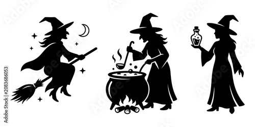 Canvastavla Three black silhouettes of witches flying on broomsticks brewing potions and hol