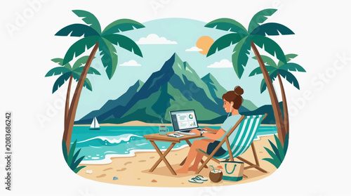 Woman working on laptop at beach with palm trees and mountain view