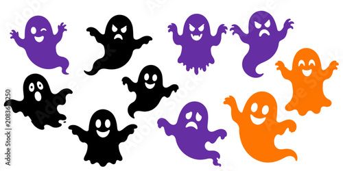 Photography Colorful ghost silhouettes floating on a white background for halloween themed d