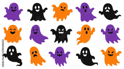 Foto Colorful halloween ghosts set with various expressions and designs on a white ba