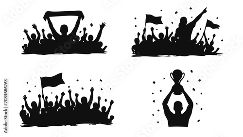 Quadro su tela Football Supporters Silhouette Set with Cheering Fans and Champion Celebration