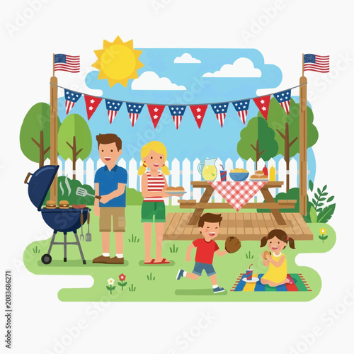 Family enjoying a backyard barbecue on a sunny day with patriotic decorations