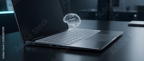 Holographic human brain icon floating above a modern laptop symbolizing artificial intelligence and machine learning