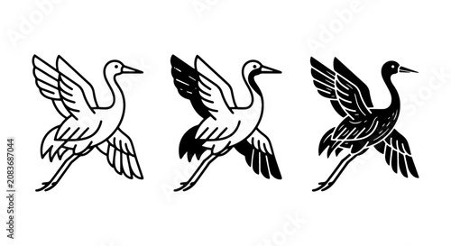 Elegant Crane Vector Icons, Japanese Style Bird Graphics, Black and White Flying Cranes Set, Traditional Asian Art Elements