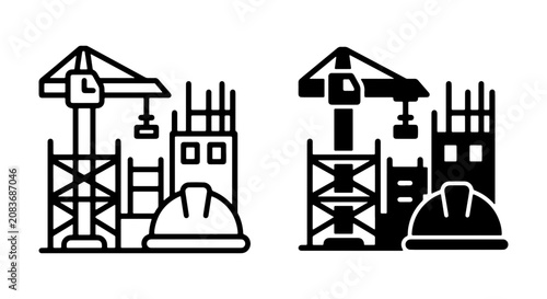 Construction Site Icons, Building Industry Graphics, Crane and Hard Hat Vector Set