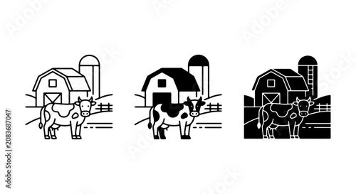 Farm Barn and Cow Icons, Livestock Agriculture Vector Set, Rural Countryside Livestock Graphics, Simple Outline and Silhouette Styles