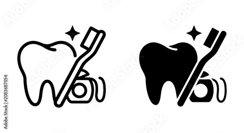Dental Hygiene Icons: Toothbrush, Floss, and Sparkling Tooth Set, Clean Oral Care Vector Graphics