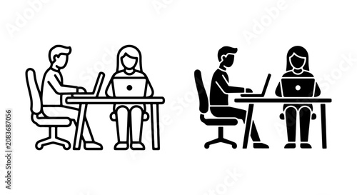 Office Collaboration Icons, People Working on Laptops at Desk, Business Teamwork Vector Set