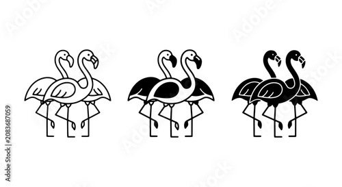 Minimalist Flamingo Icons Set, Vector Graphics of Tropical Birds in Outline, Silhouette, and Solid Styles for Design