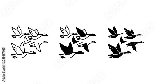 Flock of Geese Vector Icons, Silhouette and Outline Styles, Bird Migration Graphics, Wildlife Art