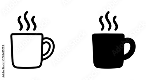Hot Coffee Mug Icons, Black and White Simple Vector Graphics for Beverage and Cafe Branding
