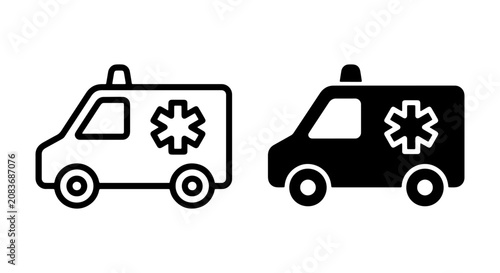 Ambulance Icons, Emergency Medical Vehicle Vector Graphics, Healthcare Transport Symbols, White and Black Medical Service Illustrations