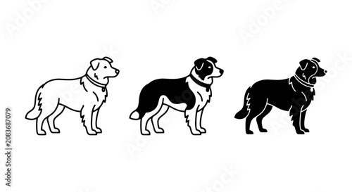 Three Dog Illustrations: Outline, Bi-color, Silhouette Vector Art, Canine Companionship Icons, Pet Graphics