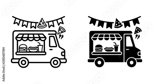 Food Truck Vector Icons, Fast Food Service Vehicle Graphics, Mobile Kitchen & Street Food Business Illustrations