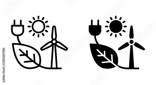 Renewable Energy Icons: Solar, Wind Turbine, Leaf, Plug. Eco-friendly Power Generation Concepts.