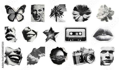 PNG Retro collage with black and white cutout elements, transparent background