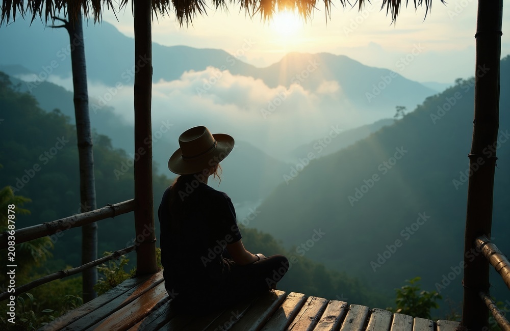 Fototapeta premium Woman with hat sits on wooden balcony. She looks at misty mountains at sunrise. She enjoys quiet nature and solitude from a peaceful viewpoint.