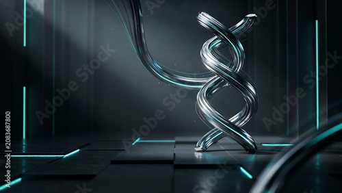 Metallic D N A helix with glowing blue lines on dark futuristic platform full hd 4k stock image download
