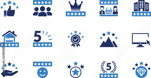 Foto Five star rating and quality evaluation icon set with premium crown customer reviews top rated excellence rewards and exceptional hospitality feedback elements
