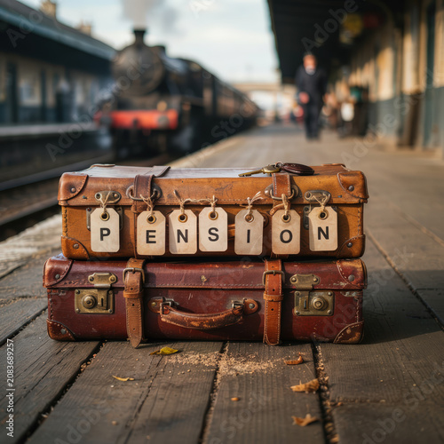 Retirement Planning and Pension Concept with Vintage Luggage at Train Station