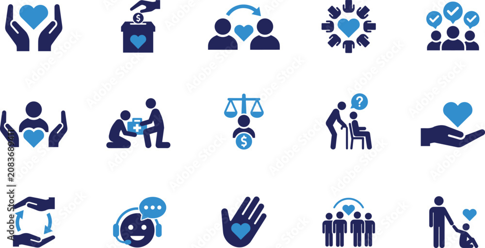 Fototapeta premium Charity and donation non profit community icon set with volunteers empathy humanitarian aid fair distribution solidarity supporting seniors and community unity symbols.