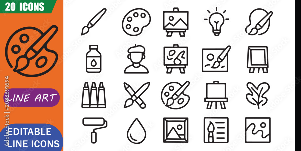 Fototapeta premium Isolated painting art icons set, canvas painting, 20 editable line art icons set, painting art, artwork creativity, artist canvas color, design illustration theme, clean outline vector