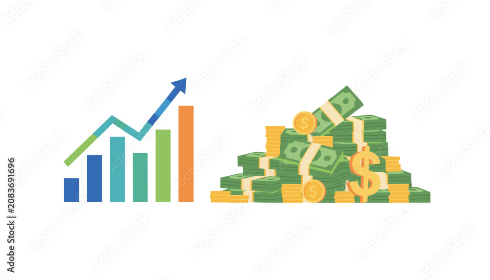 Fototapeta premium Bar chart showing significant rising growth trends placed beside a large pile of cash representing financial success and wealth accumulation.