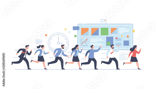 Team of diverse business professionals running past a giant clock and digital dashboard to meet deadlines and achieve project goals on time.