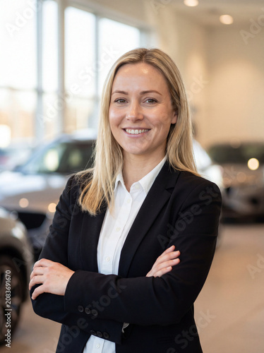 Confident Blonde Car Sales Consultant in Professional Business Attire