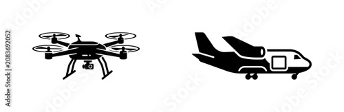 Modern aviation and drone technology icons featuring quadcopter and cargo airplane set.