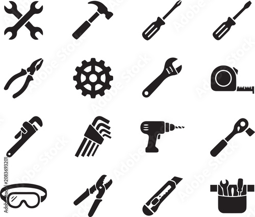 Photos construction and repair tools icon set with hammar, wrench, screwdriver, gear an