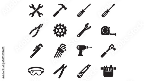Foto construction and repair tools icon set with hammar, wrench, screwdriver, gear an