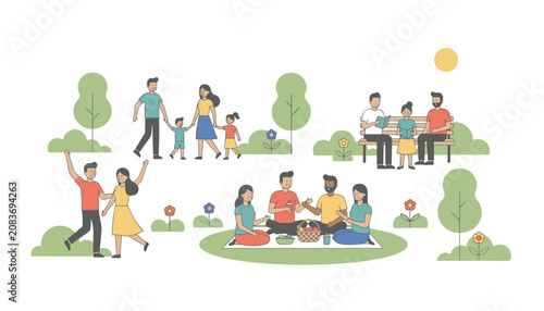 Group of people enjoying leisure activities in a park including a family walking, friends reading on a bench, and a couple having a picnic.