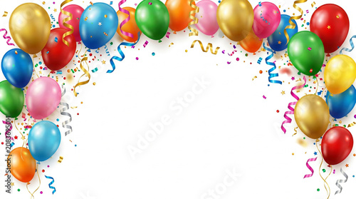 Festive birthday background with colorful balloons and confetti