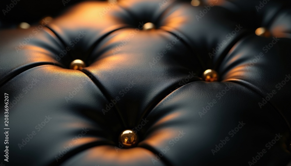 Fototapeta premium Black leather surface with diamond shape stitching and golden studs. Rich texture, deep shadows and warm light create a luxury abstract background.