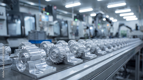 Fotografie Automated manufacturing line with precision metal components on