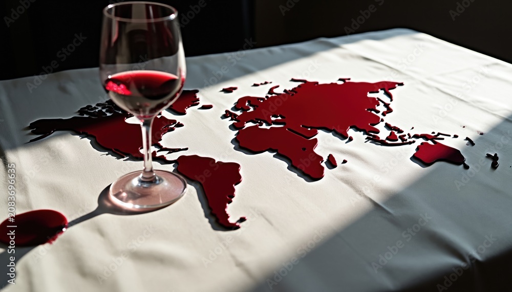 Obraz premium Red wine forms world map shape on white tablecloth. Glass of red wine sits next to map, depicting global geography and potential accidents. Concepts of travel, alcohol, and messes are implied.