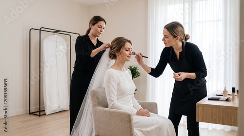 French bridal makeup and dressing, Minimalist gown and tulle veil, Natural glowing foundation, Western European bride portrait, Clean luxury suite
