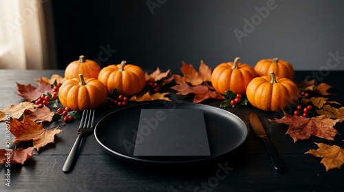 Black plate mockup with blank card on dining table decorated with mini pumpkins and autumn leaves background