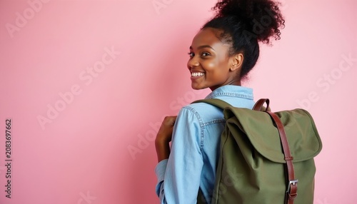 Young African American woman with backpack smiles. She prepares for adventure travel. Girl with curly hair wears denim shirt, carries green bag, looks happy.