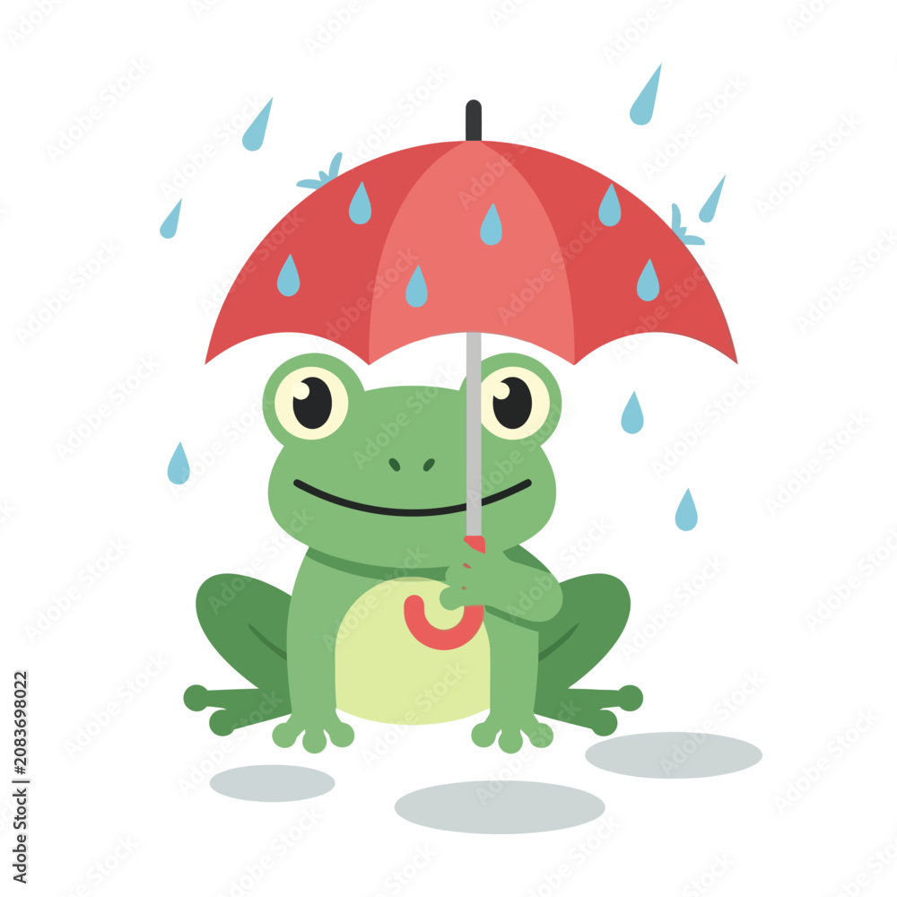Obraz premium Cute cartoon frog holding a vibrant red umbrella, smiling happily in the gentle rain. Adorable amphibian character enjoying a pleasant rainy day illustration.
