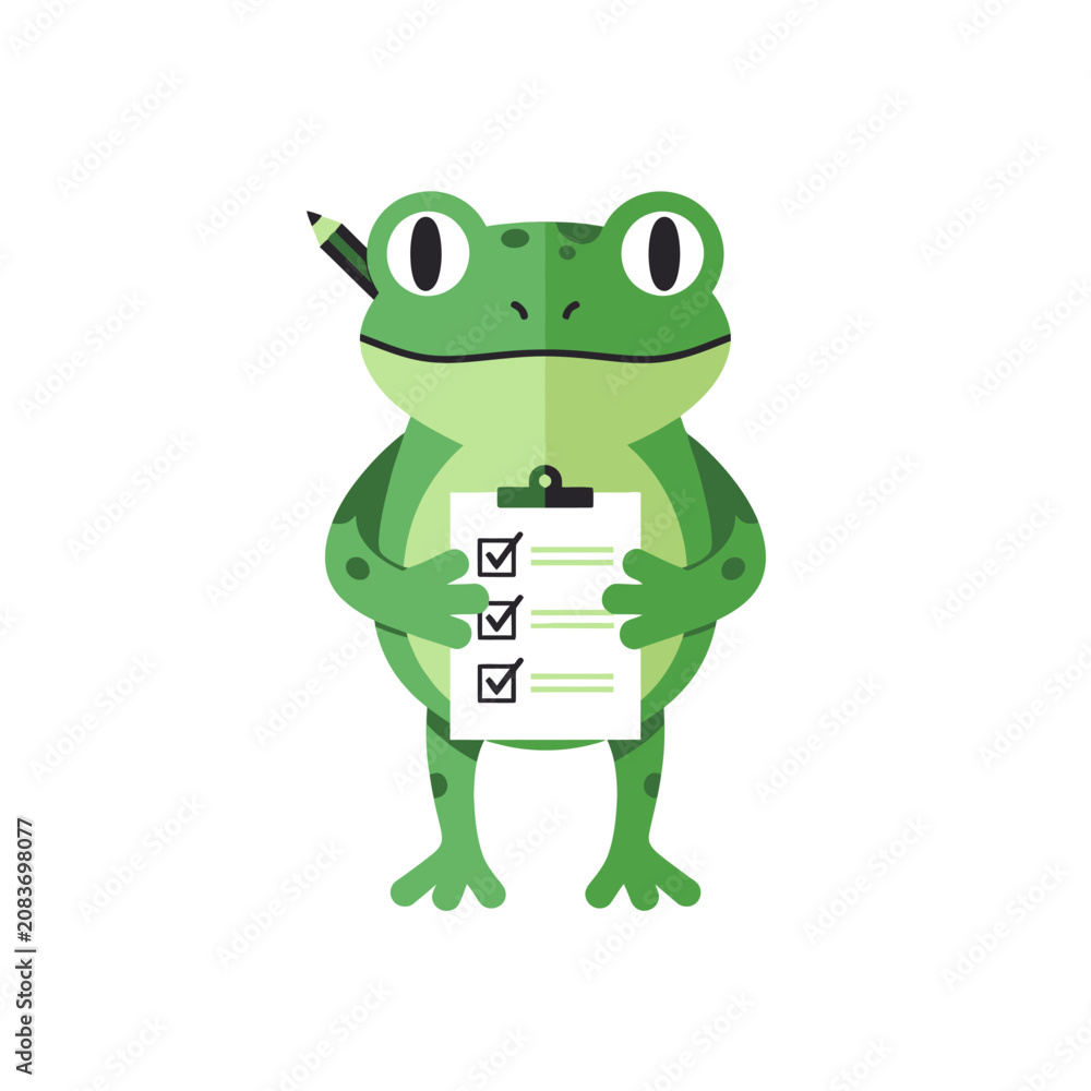 Fototapeta premium Cute green cartoon frog holding a clipboard with a checklist and a pencil. Flat vector illustration for task management, planning, and organization concepts.