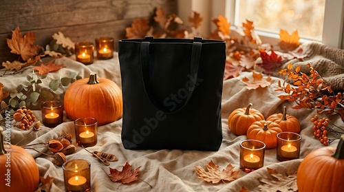 Halloween tote bag mockup with black fabric shopper bag, pumpkins and burning candles on cozy autumn background, canvas eco bag mock-up