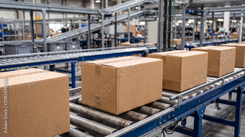 Foto Cardboard boxes moving on a conveyor belt in a warehouse 02
