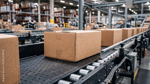 Photos Cardboard boxes moving on a conveyor belt in a warehouse