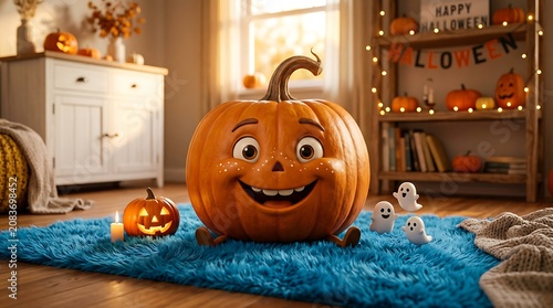 Halloween pumpkin character with cute ghosts and jack o lantern on blue carpet in cozy room background