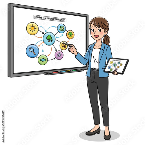 Professional Female Teacher Explaining Ecosystem Interdependence on a Large Screen with a Tablet in a Bright Studio