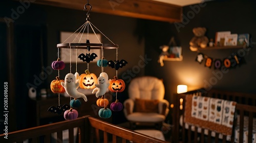 Baby crib mobile with halloween decoration hanging over wooden cot in cozy nursery room background