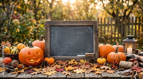 Blackboard blank mockup with halloween jack o lantern pumpkin and autumn leaves on wooden table in garden background